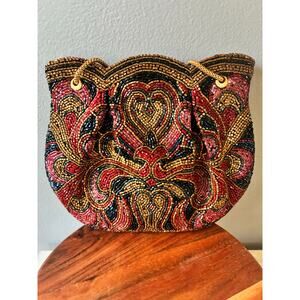 Vintage WALBORG Hand-Beaded Evening Purse Scalloped Top, Multicolor Glass beads